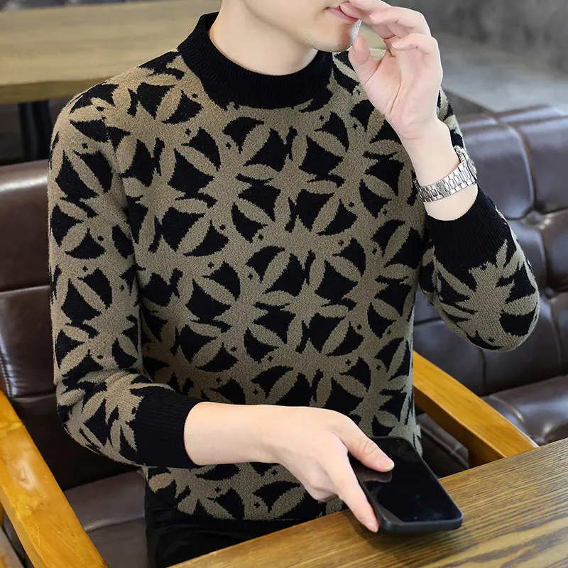 

Men's Thiened Double-sided Fce Mid-ne Knitted Sweater Faionable Warm Elastic Base Layer irt with Small Le Pattern