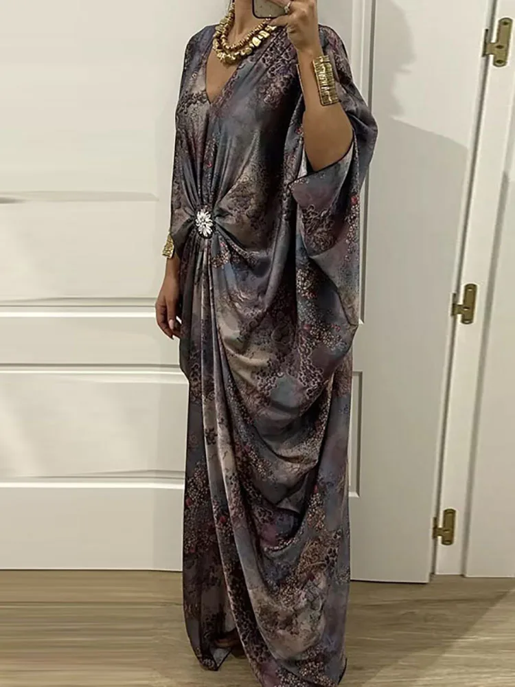 Fledermausärmel Drapiertes Loses Damenkleid 2026 Mode V-Ausschnitt Saum Party Langes Kleid Vintage Muster Bedrucktes Frühlings-Robe-Kleid
