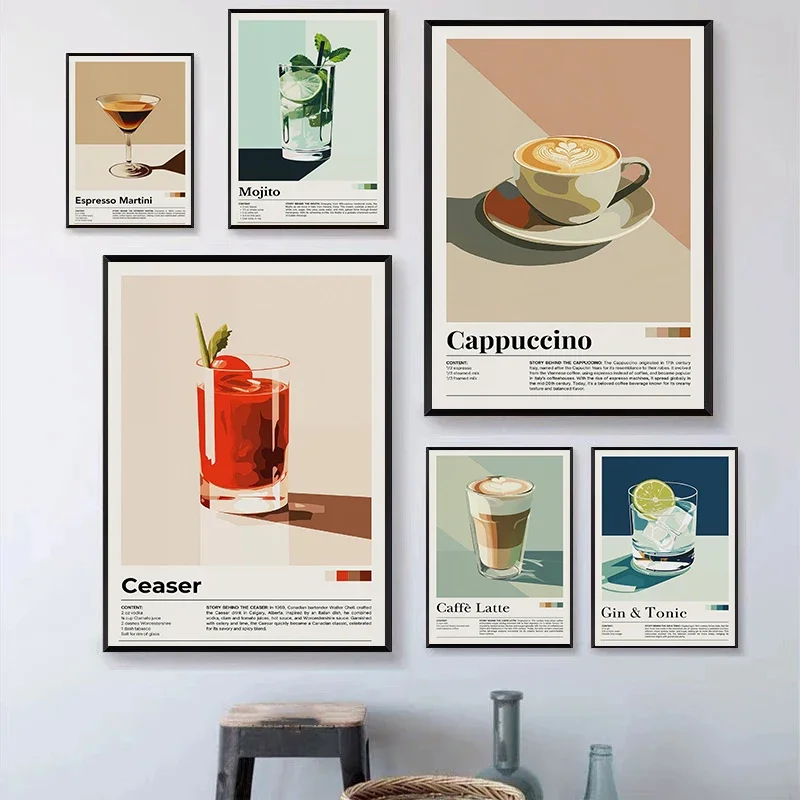 Large-sized 1pc frameless Canvas Painting Nostalgic Minimalist Cafe Posters Retro Cocktail Cappuccino Margarita Prints Canvas Pa