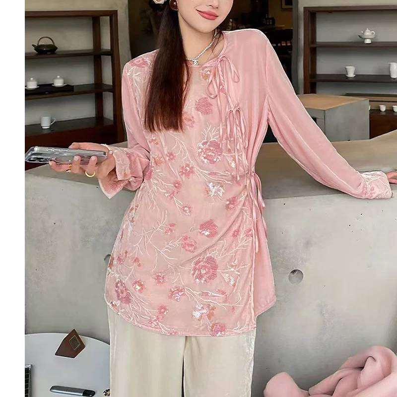 High Quality Spring and Autumn New O-Neck Silk + Velvet Sequin Embroidered Top Young Pink Lace Up Mid length Shirt Women S-XL