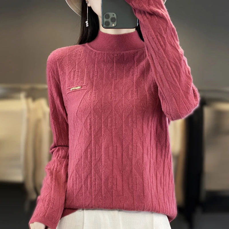 Autumn and winter semi-turtleneck sweater fitted solid color hot diamond jumper sweater women's knit bottom top