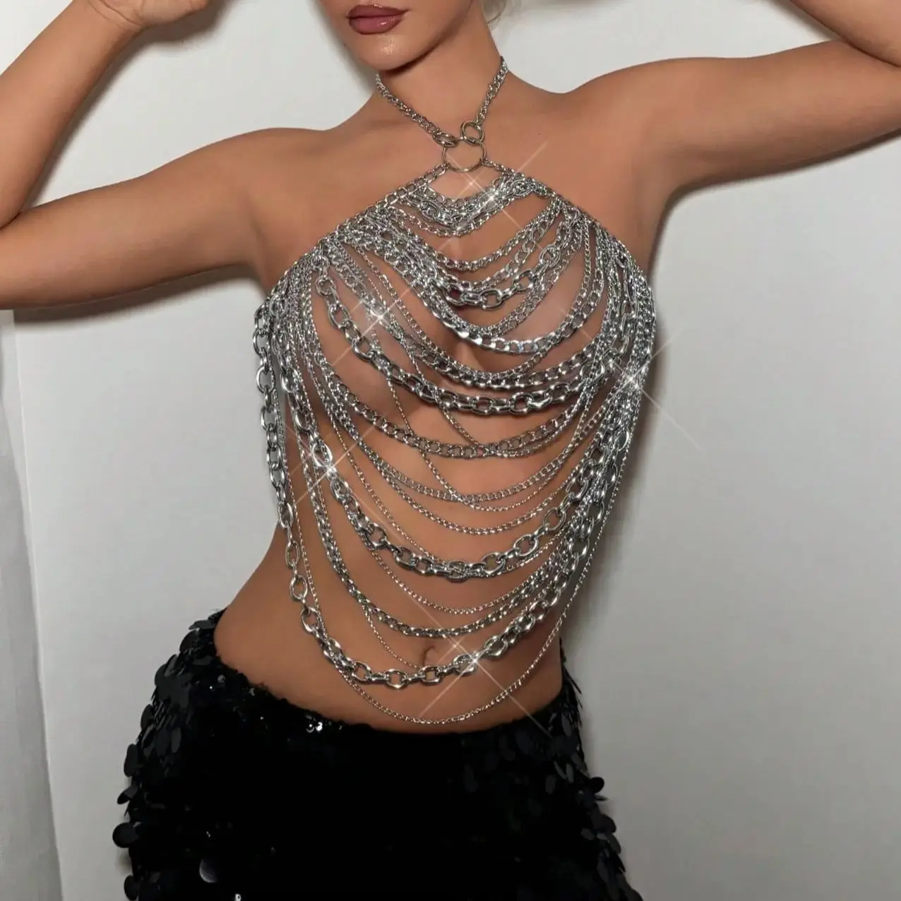 

Women Tassel Metal Chain Tank Top Sexy Hollow Out Backless Halter Neck Suspender Top Rave Festival Party Feminine Tanks & Camis