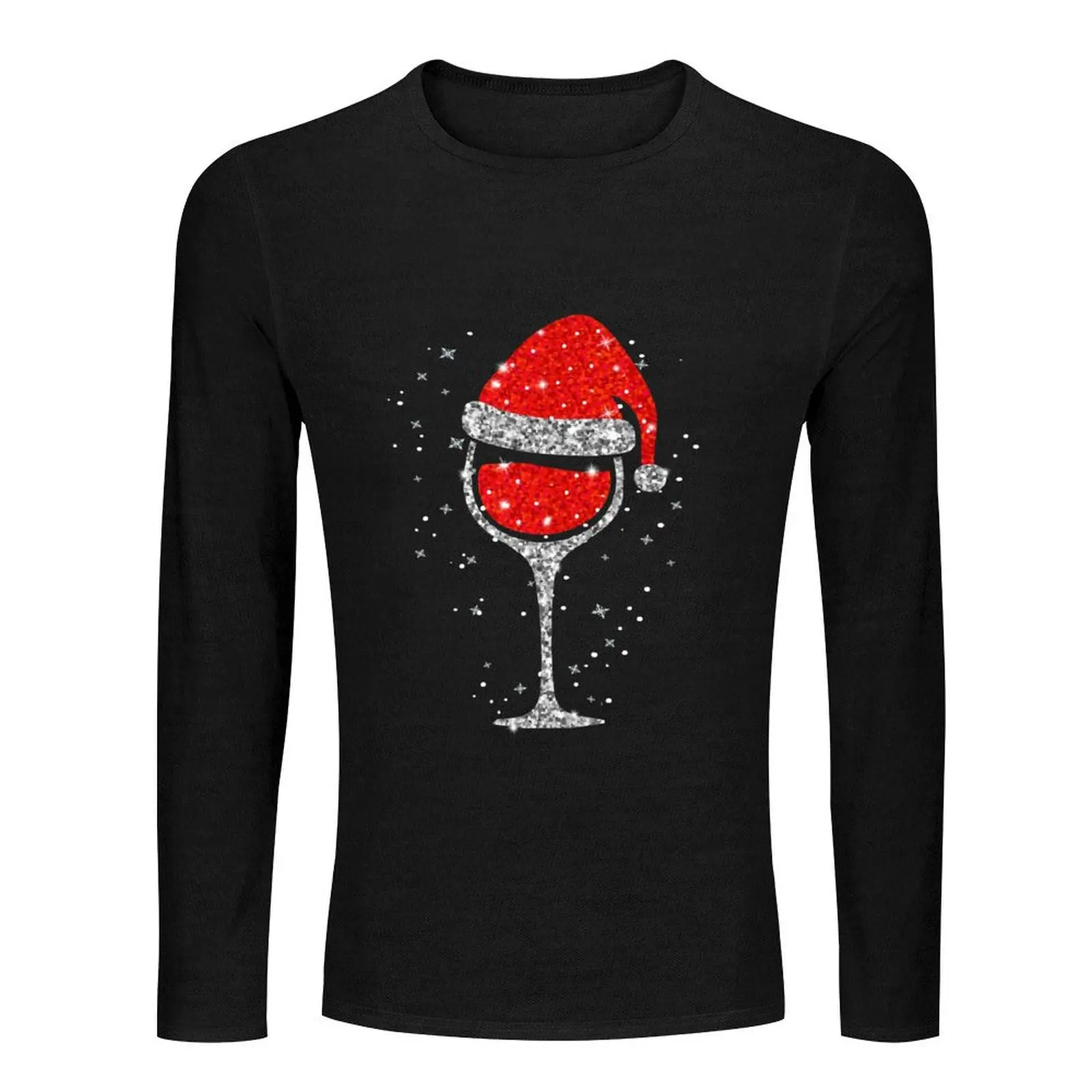 Christmas Wine Glass Snowflakes Santa Hat Red Wine Long T-Shirt custom t shirt customized t shirts black t shirts for men