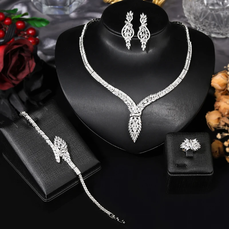 

Trendy Nigeria 4pcs Jewelry Sets for Women Cubic Zirconia Necklace Set Dubai African Bridal Wedding Dinner Party Accessories