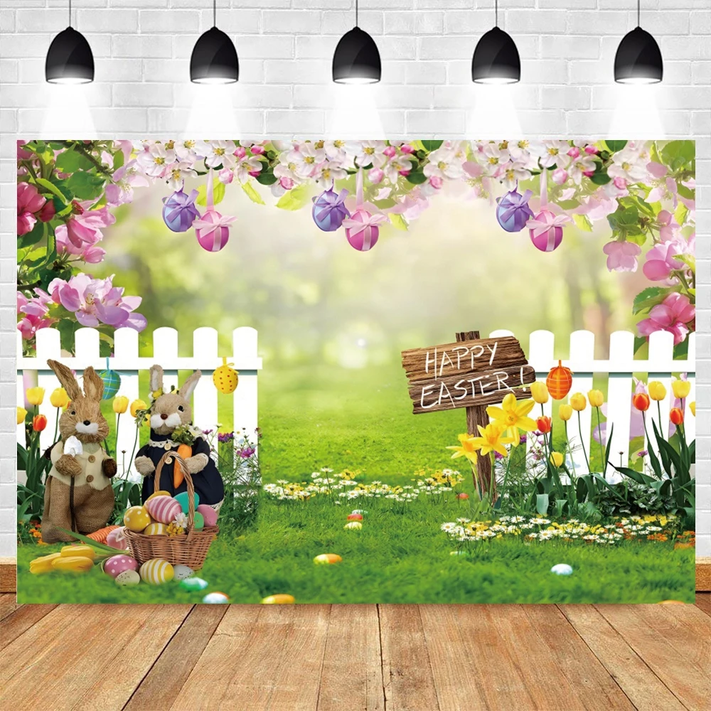 Spring Easter Backgrounds For Photographs Bunny Eggs Flower Wood Board Kids Birthday Decorations Baby Shower Photobooth Backdrop