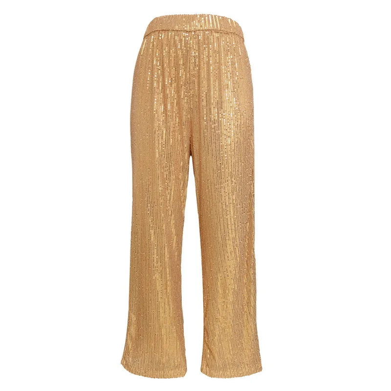 Pantaloni a gamba larga con paillettes moda donna 5 colori pantaloni stile coreano lucido a vita alta tubo dritto pantaloni lunghi larghi con straccio