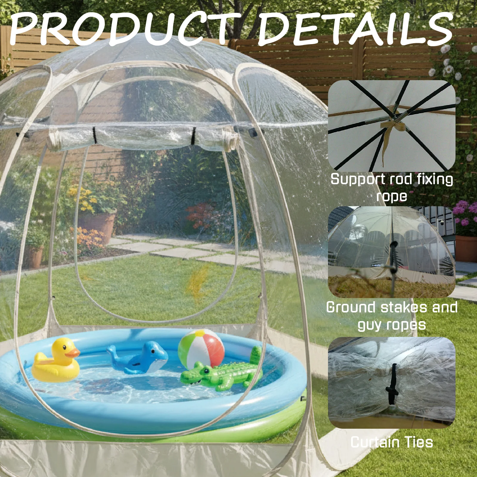 Pop Up Clear Bubble Tent Pool Enclosure PVC Transparent Tent Opaque Top Easy Setup Shelter for Backyard Family Pool Fun