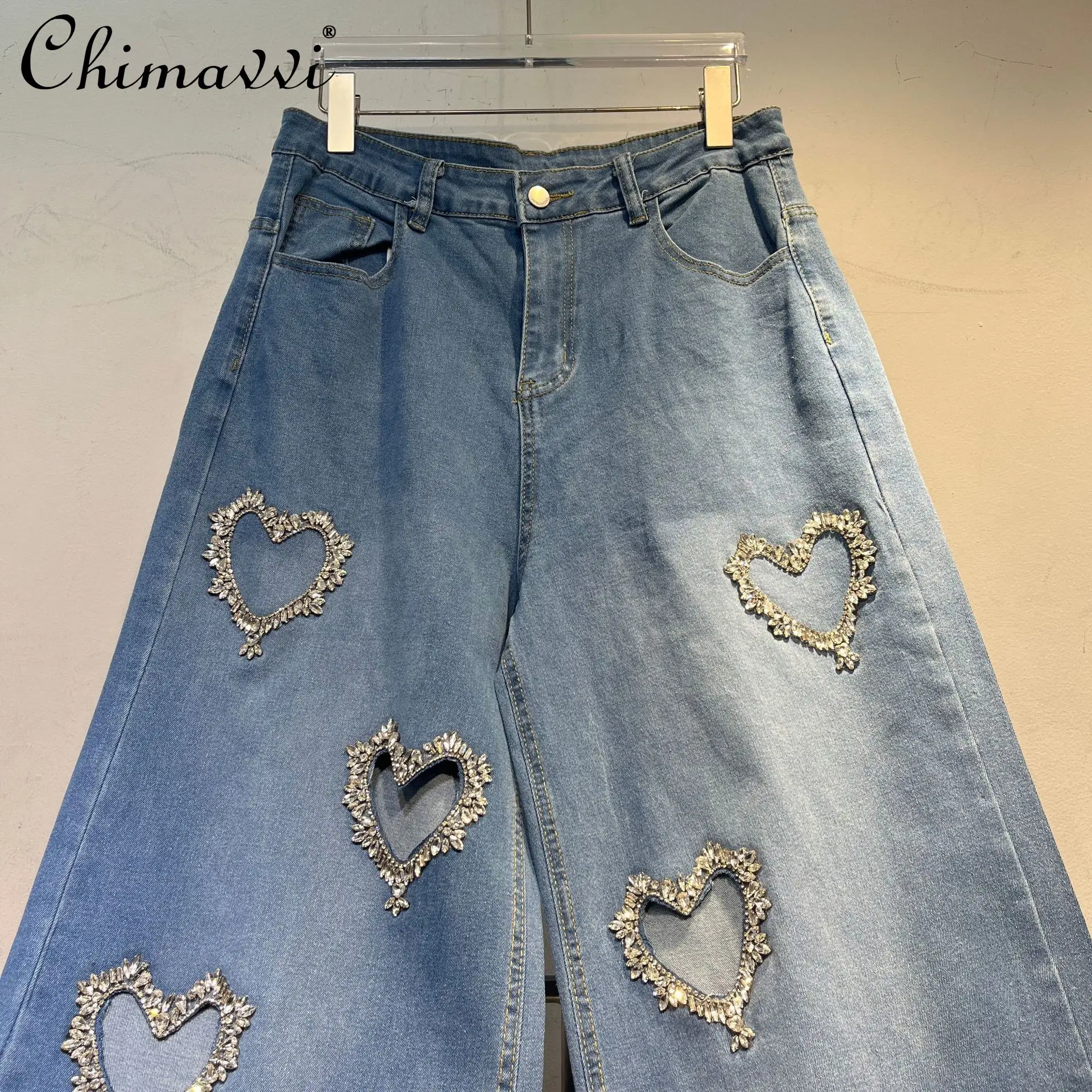 유럽 스타일 헤비 다이아몬드 하트 할로우 디자인 여성용 청바지 2025 가을 패션 와이드 레그 스트레이트 데님 팬츠