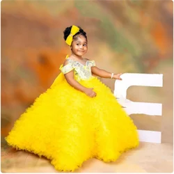 Lovely Yellow Flower Girls Dress Tulle Tiered Ruffles Big Bow Back Floor Length Kids Baby Birthday Party Ball Elegant Gowns