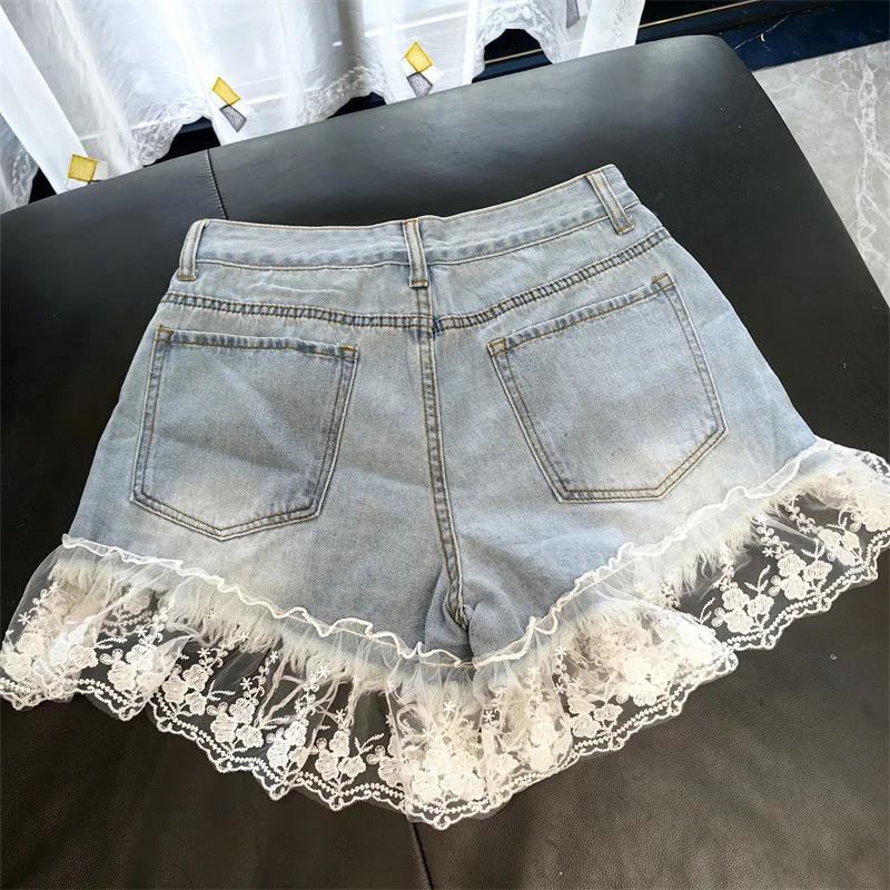Personality Hole Beaded Spring and Summer Women's High Waist Denim Shorts Stiching Lace