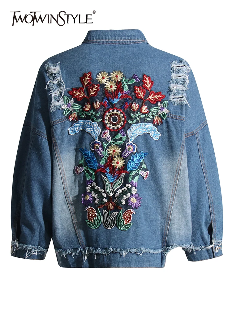 TWOTWINSTYLE Spliced Pocket Embroidery Denim Jacket For Women Lapel Long Sleeve Patchwork Button Casual Loose Jackets Female New