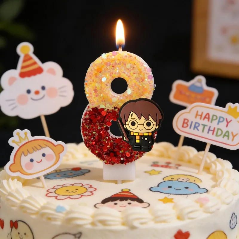 

Kawaii HARRY POTTER Series Sequin Candle Cute Cartoon Role 1-9 Digital Color Matching Candle Birthday Party Prop