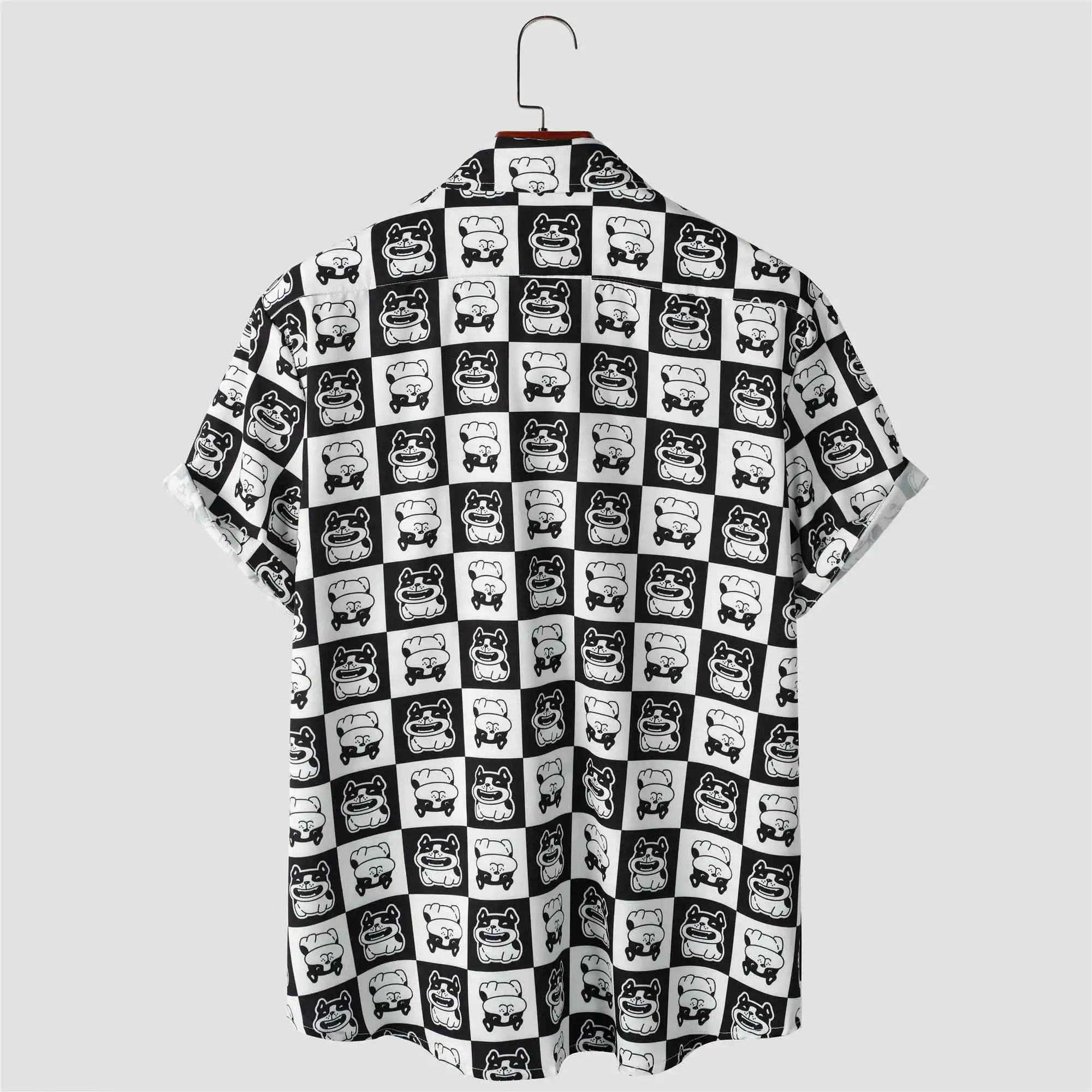 2024 Cartoon Puppy And Checkered Pattern Men\'s Short Sleeve Button Down Shirt With Chest Pocket, Summer Outdoor Street