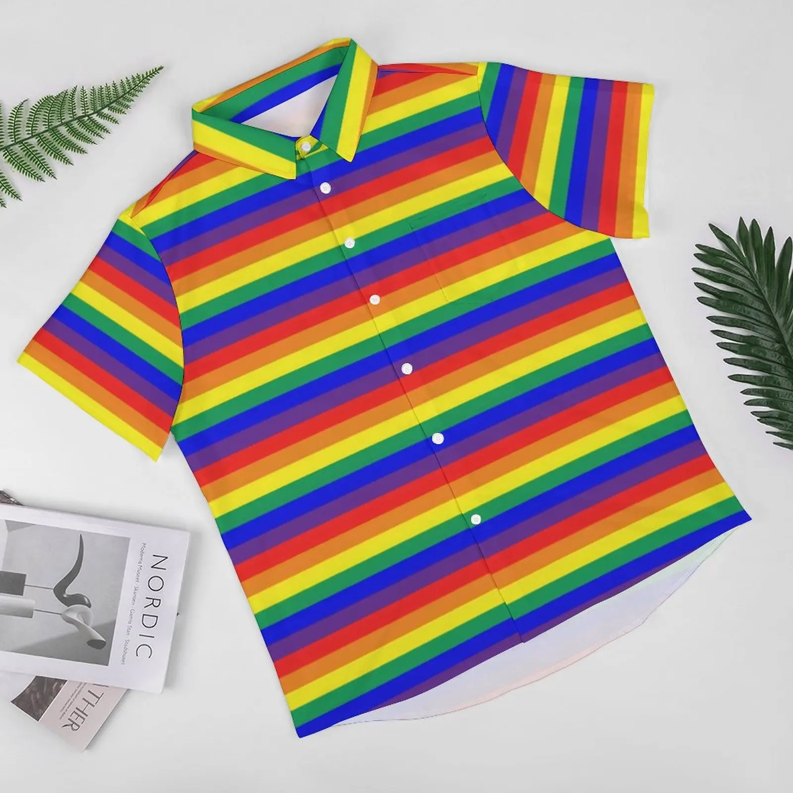 Rainbow Stripes เสื้อลําลองคลาสสิกรูปแบบเสื้อชายหาดฮาวาย Streetwear เสื้อ Man Graphic Plus ขนาด