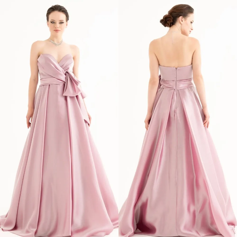 

Customized High Quality Sweetheart Sleeveless Backless Zipper Floor Length Pink Wrinkle A-line Dress Abiye Uzun Elbise Modelleri