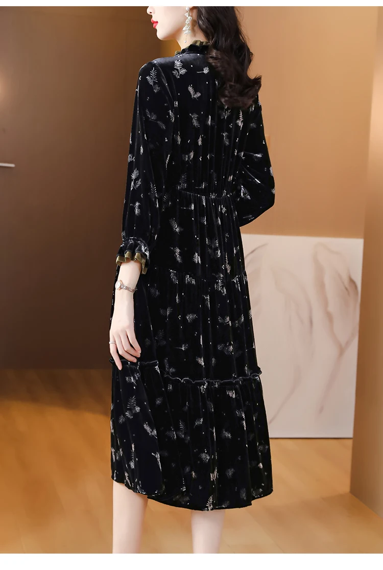 2023 New Silk Velvet V-Neck Dress for Women\'s Loose Large Flower Print Waist Waist Slim Long Sleeve Knee Long Dress Gown