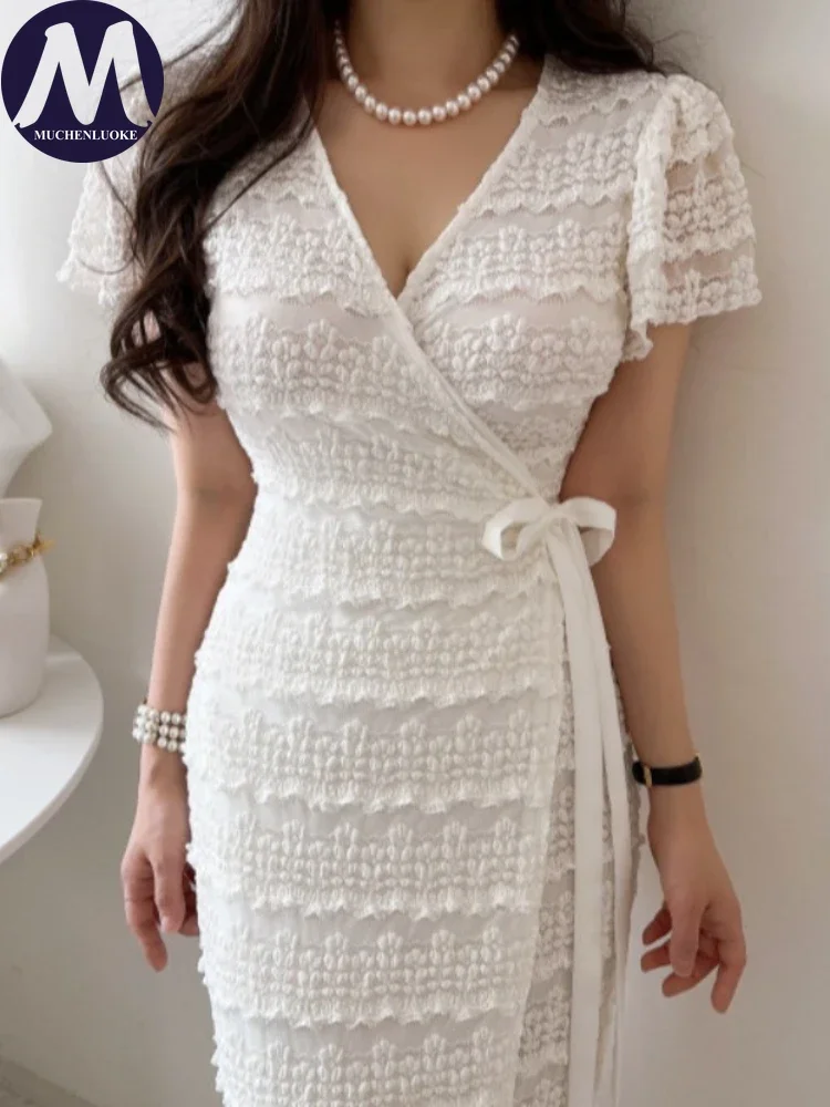 Elegant Dresses for Women Summer New Sexy Crochet Flower Short Sleeve V Neck Dress Fashion Slim Fit High Waisted Lace Up Dress