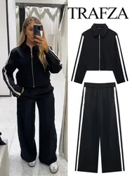 TRAFZA 2024 Autumn Women Fashion Trousers Suits Turn-down Collar Short Jacket Top + Streetwear Female Wide Leg Long Pant