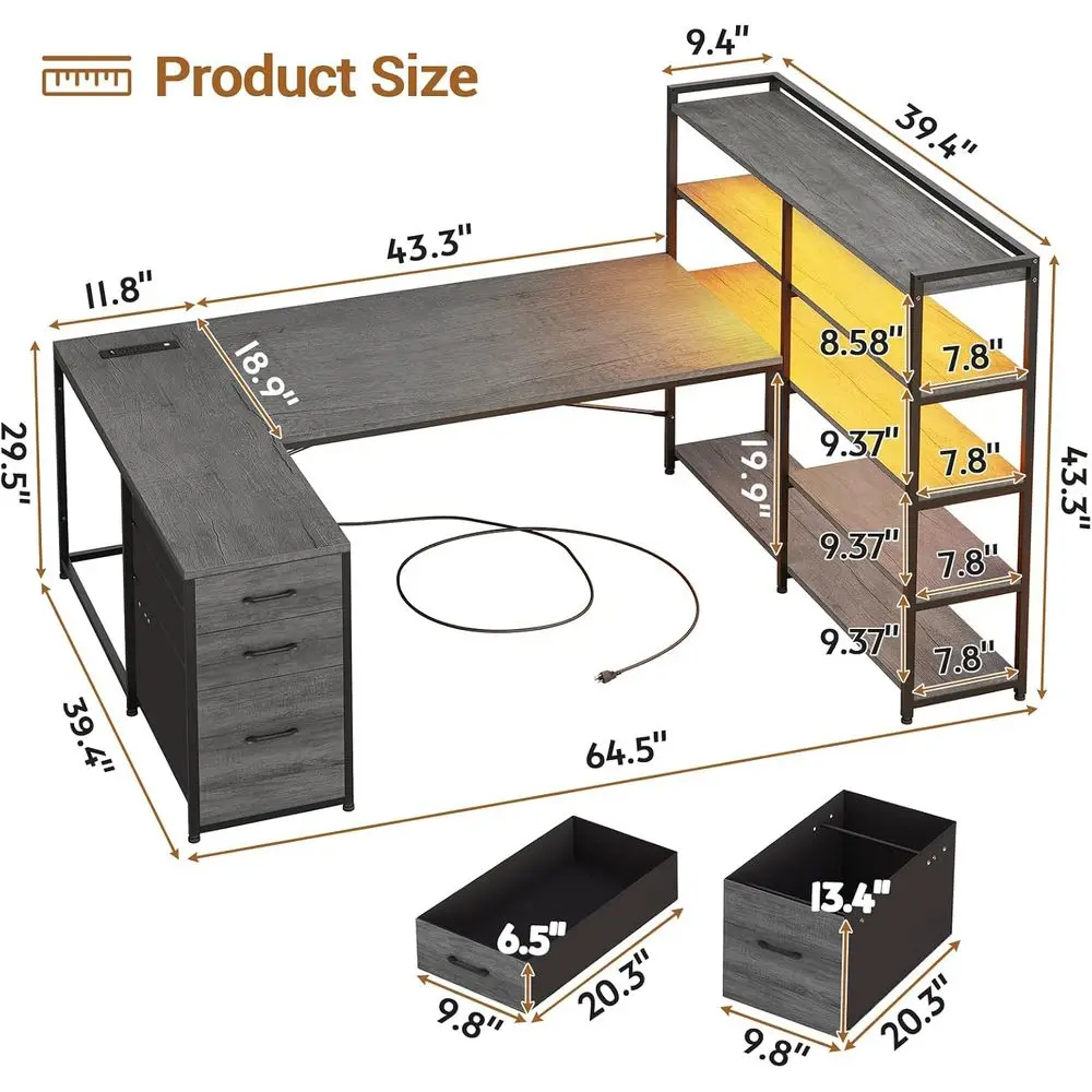 Computer Desk, Reversible haped Oice Desk with 3 abric Ders and Power Outlet, Gaming Desk with LED Lights, Storage Shelves, Grey
