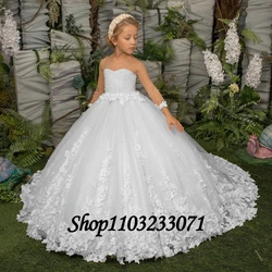 Customized White Flower Girl Dress Lace Beaded O-Neck A-Line Floor-Length Tail Kids Girls Birthday First Communion Party Dress