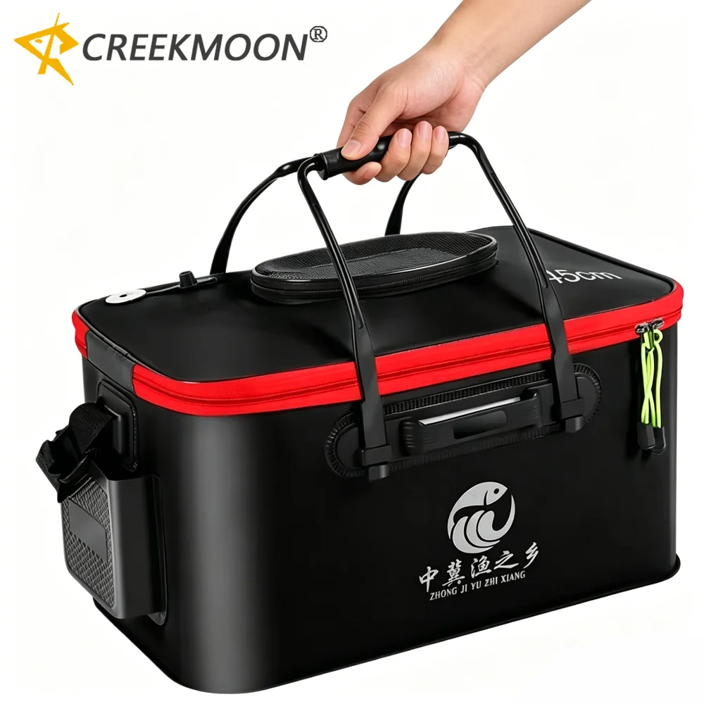 Nowe składane wiadro wędkarskie EVA o średnicy 30-50 cm z uchwytem do przenoszenia, składany pojemnik na żywe ryby z boczną kieszenią i zamkiem błyskawicznym do podróży i na kemping.