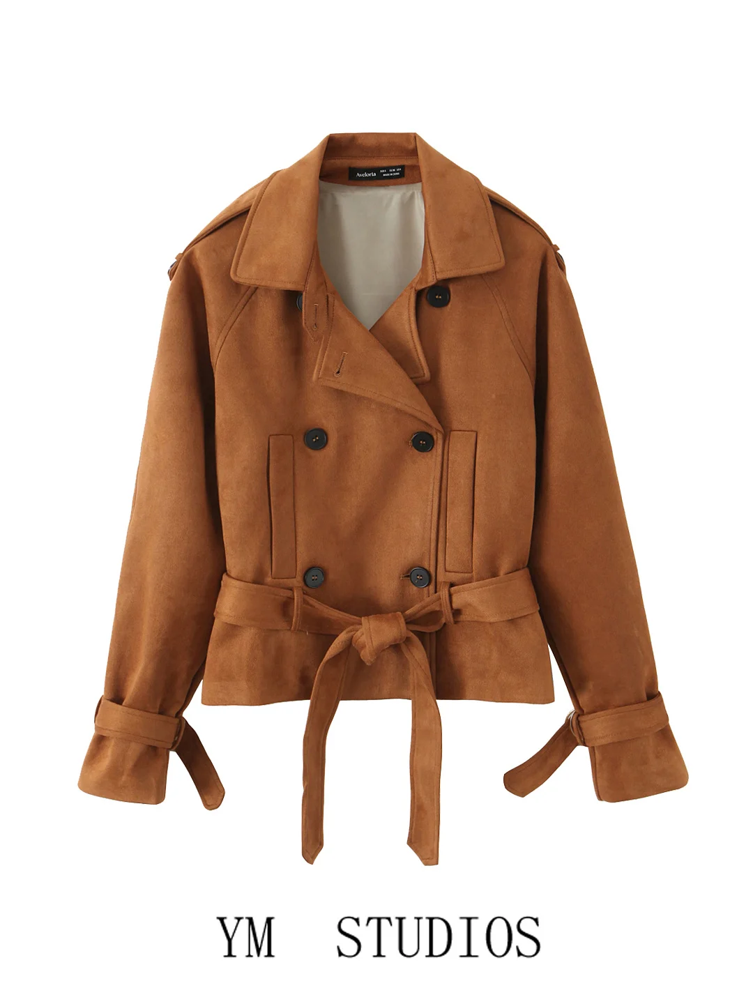 

Retro American Women's Suede Jaet with Waist-Cinching Belt And Double-Row Buttons ort Coat for Ladies Autumn Season