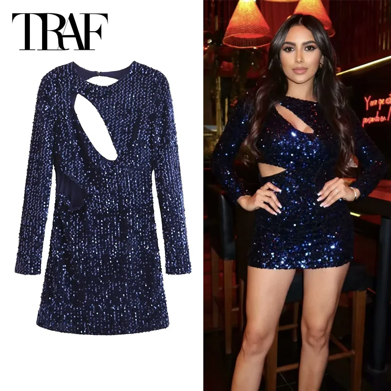 

TRAF Mini Sequined Short Dresses 2024 Women's Asymmetrical Short Dresses Long Sleeve Backless Elegant Party Dresses Vestidos