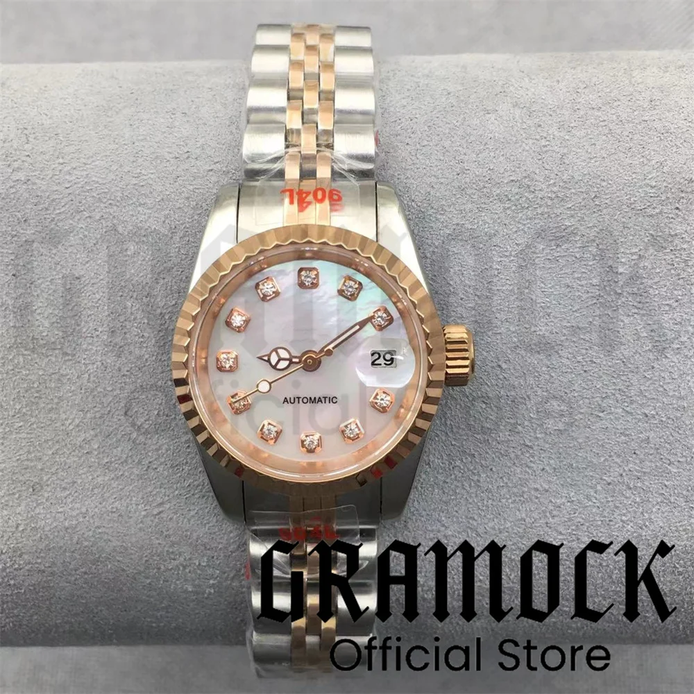 Gramock 25.5mm Women\'s Watch 3 point Date Diamond Pink Mother Pearl NH05 Automatic movement Silver sapphire glass