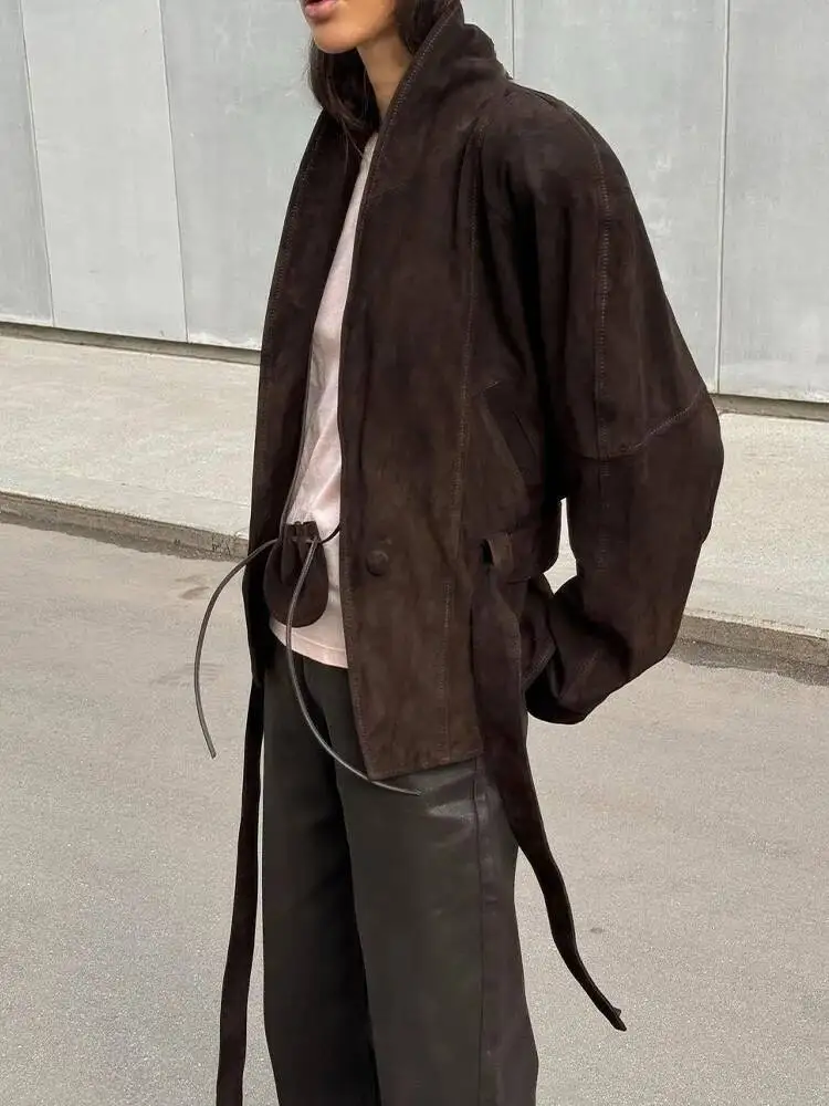 المرأة الخريف الصلبة التلبيب مربوط مع جيوب طويلة الأكمام سترة الإناث موضة الجلد المدبوغ الملمس شارع العليا معاطف غير رسمية #6