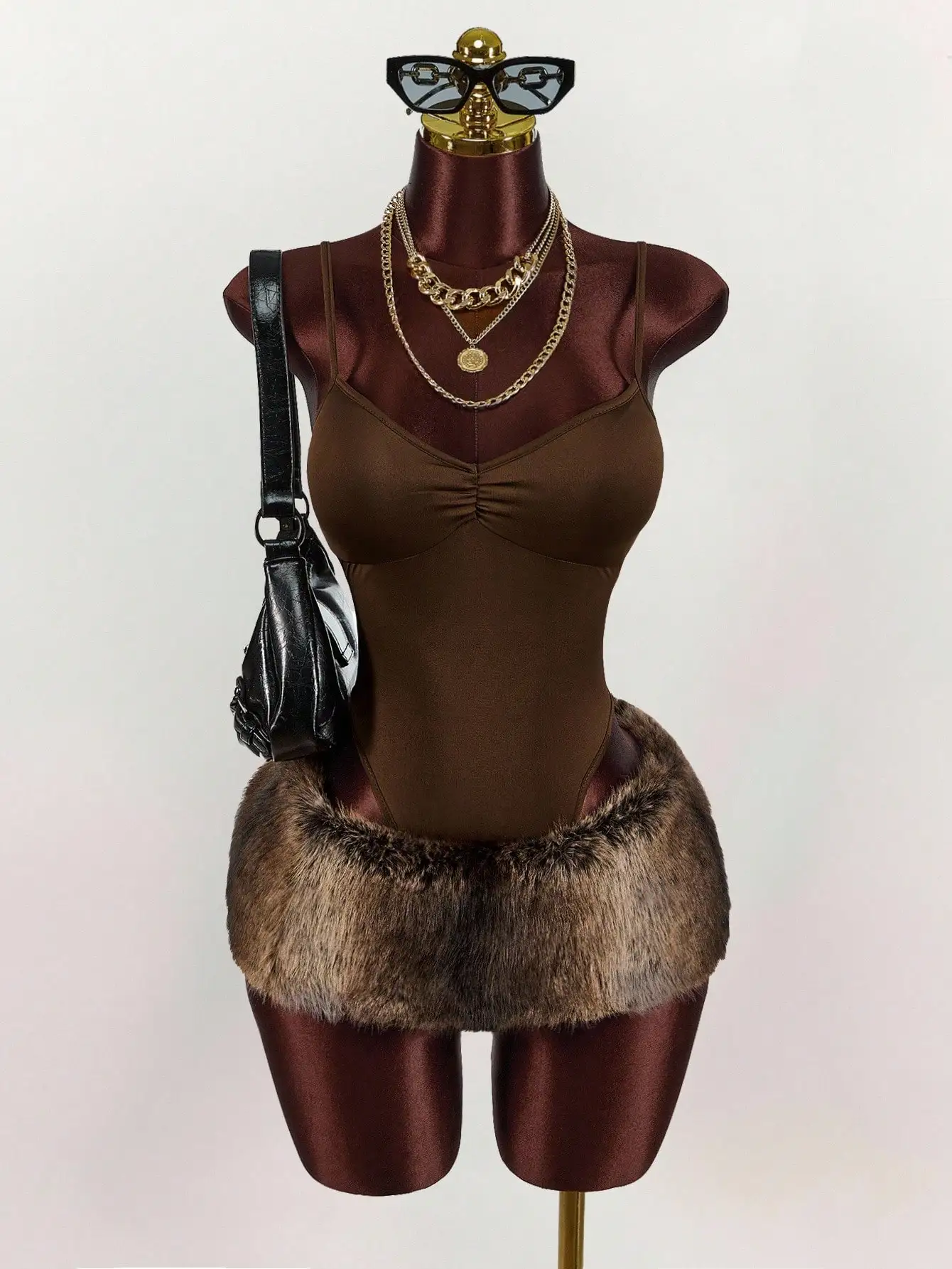 Y2K Faux Fur Mini Skirt & Camisole Jumpsuit Set for Women, Sexy Party Outfit for Autumn/Winter Events