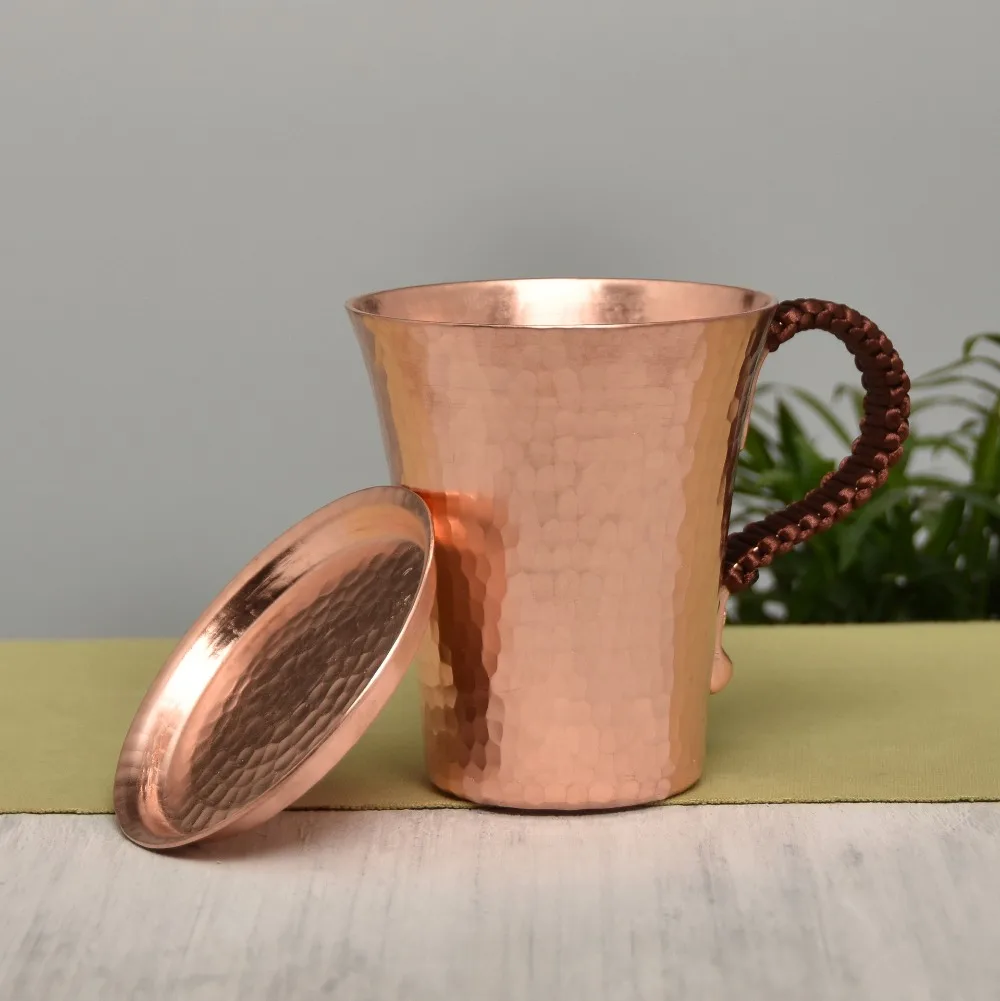 350ml Thick Pure Copper Mug with Lid Hand Hammered Retro Cup for Coffee Beer Cold Drink