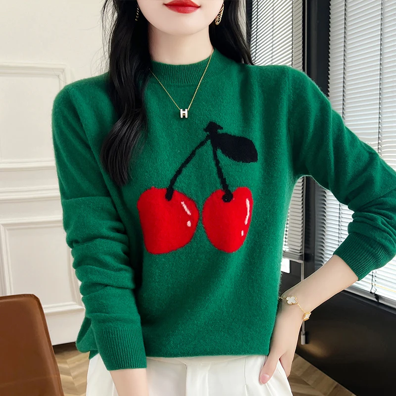 Women\'s Pullover Knitted Sweater Made Of 100% Pure Wool With Half Height Round Neck Long Sleeves For Warmth In Autumn And Winter