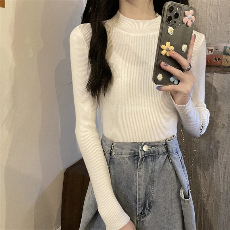 2024 Autumn Winter Mock Neck Women Sweater Basic Solid Knitted Tops Casual Slim Pullover Korean Sweaters Simple Chic Jumpers