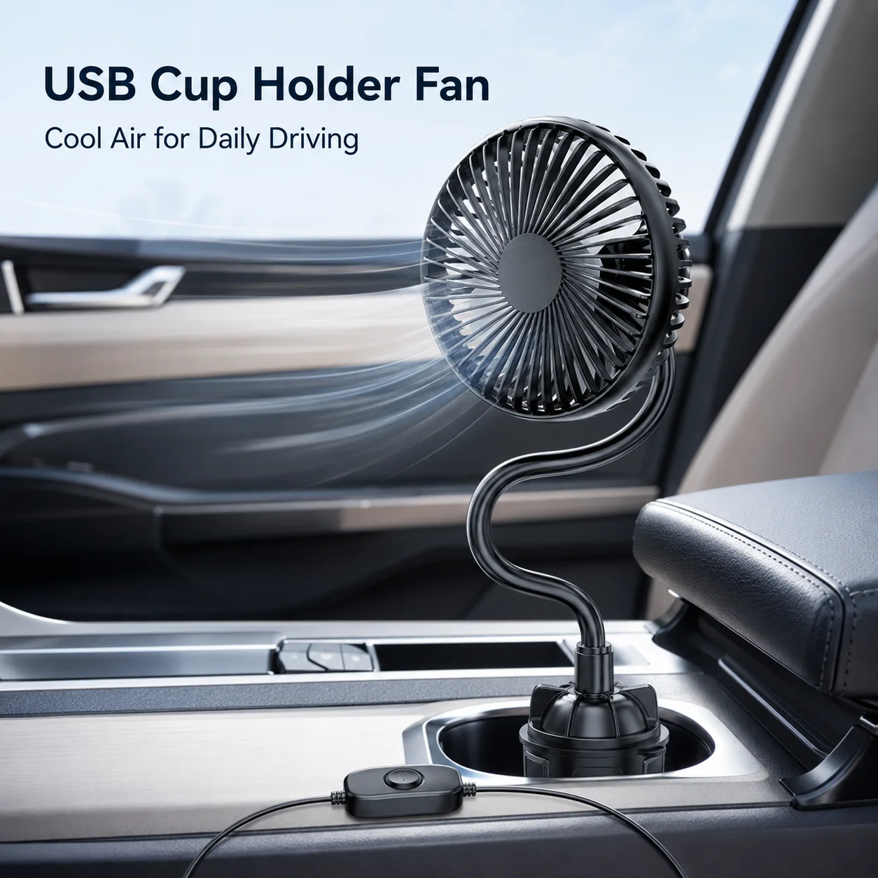 USB Car Cup Holder Fan 5V 3-Speed Adjustable Cooling Fan 360° Flexible Neck Ashtray Slot Fan for Front Rear Seat Summer