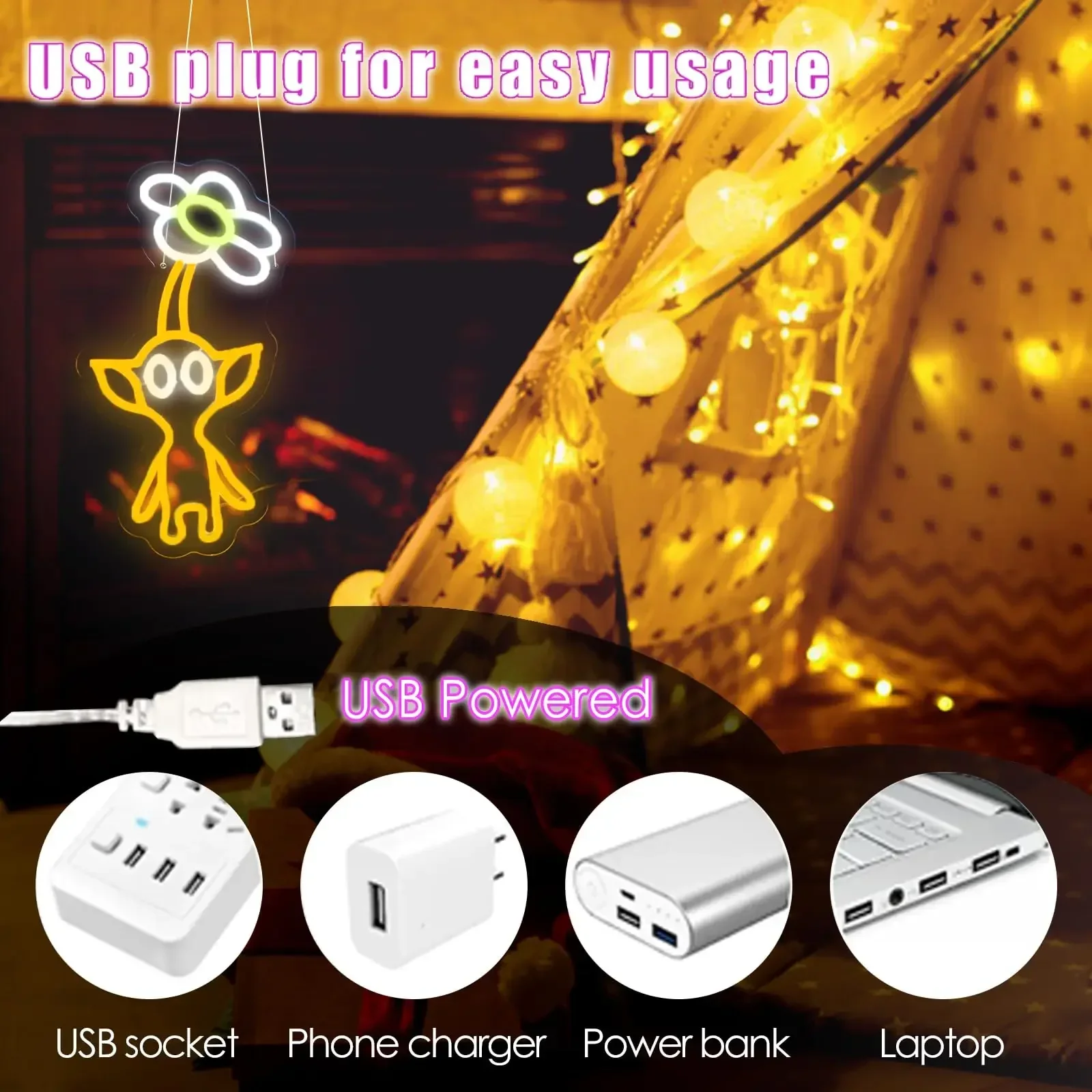 لافتة نيون ليد لديكور الغرفة ، أنيمي بيكمين ، ضوء أصفر ، غرفة الألعاب ، هدية عيد ميلاد ، USB