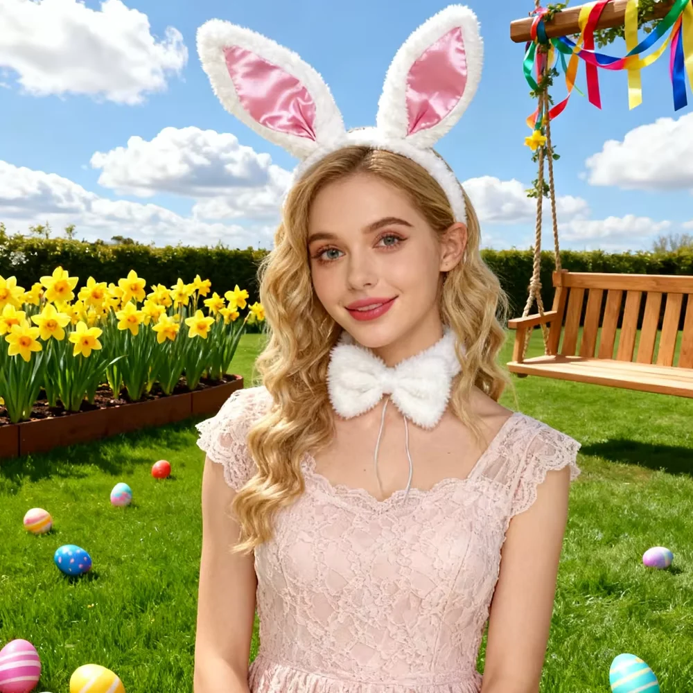 PESENAR 부활절 토끼 의상 세트 귀 머리띠 나비넥타이와 꼬리 포함 휴일 파티 액세서리