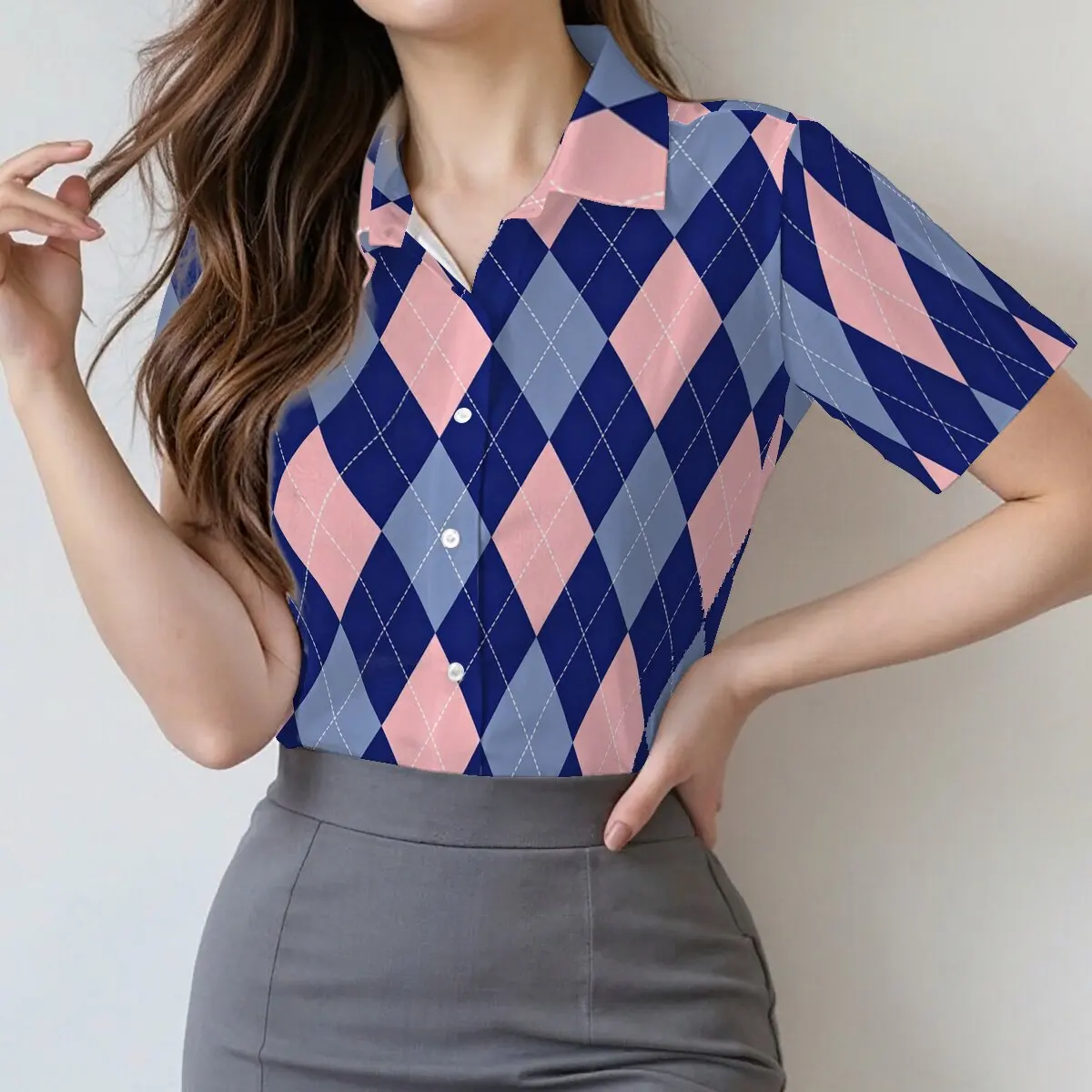 

Simple and personalized checkered printed women's short sleeved lapel shirt, summer fashion, daily versatile, gentle top