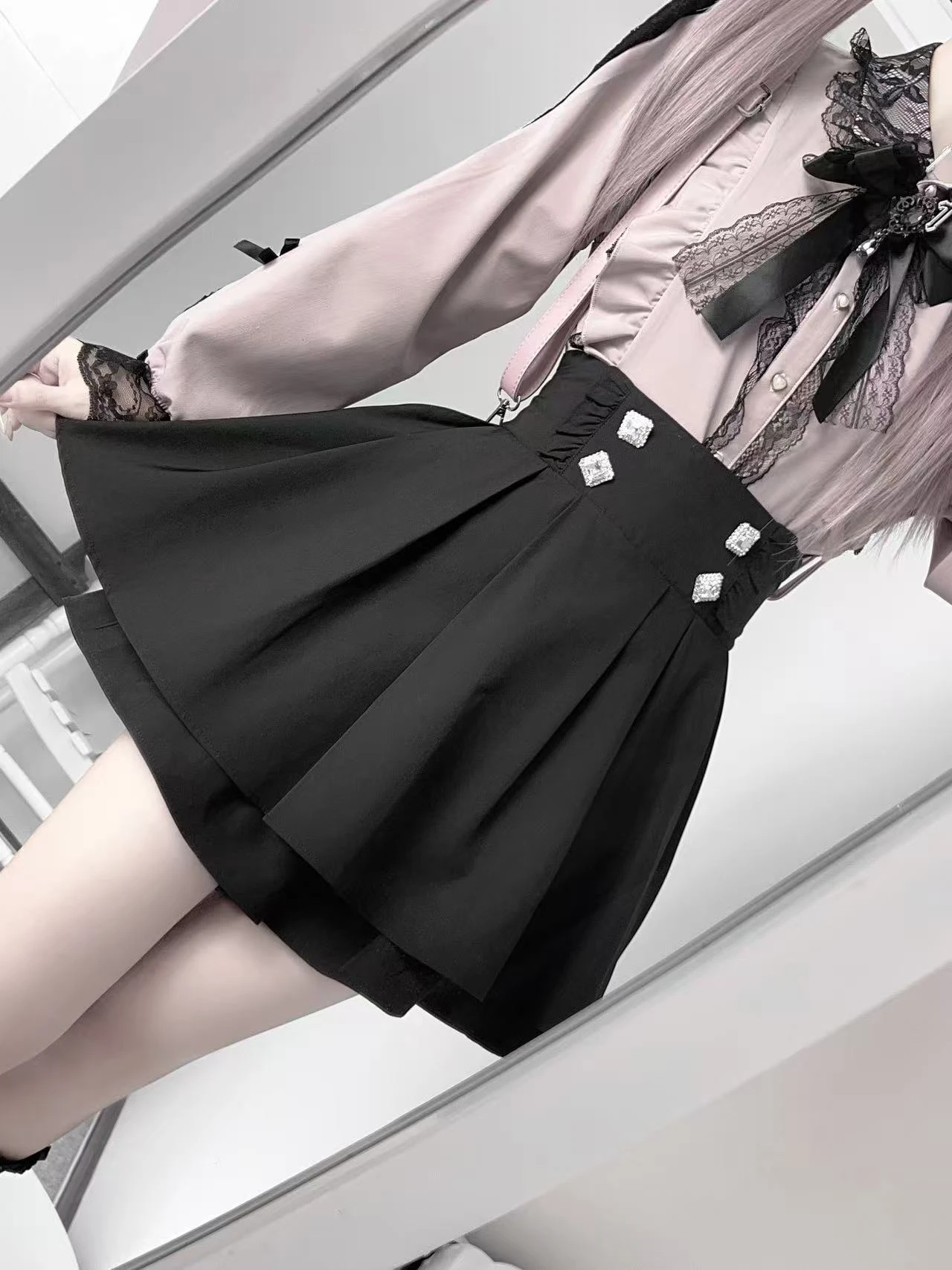 Original Japanese Mines Style Subculture Girl Shirt Skirt Set Lace Bow Long Sleeve Shirts High Waist Skirts Two-Piece Sets Women