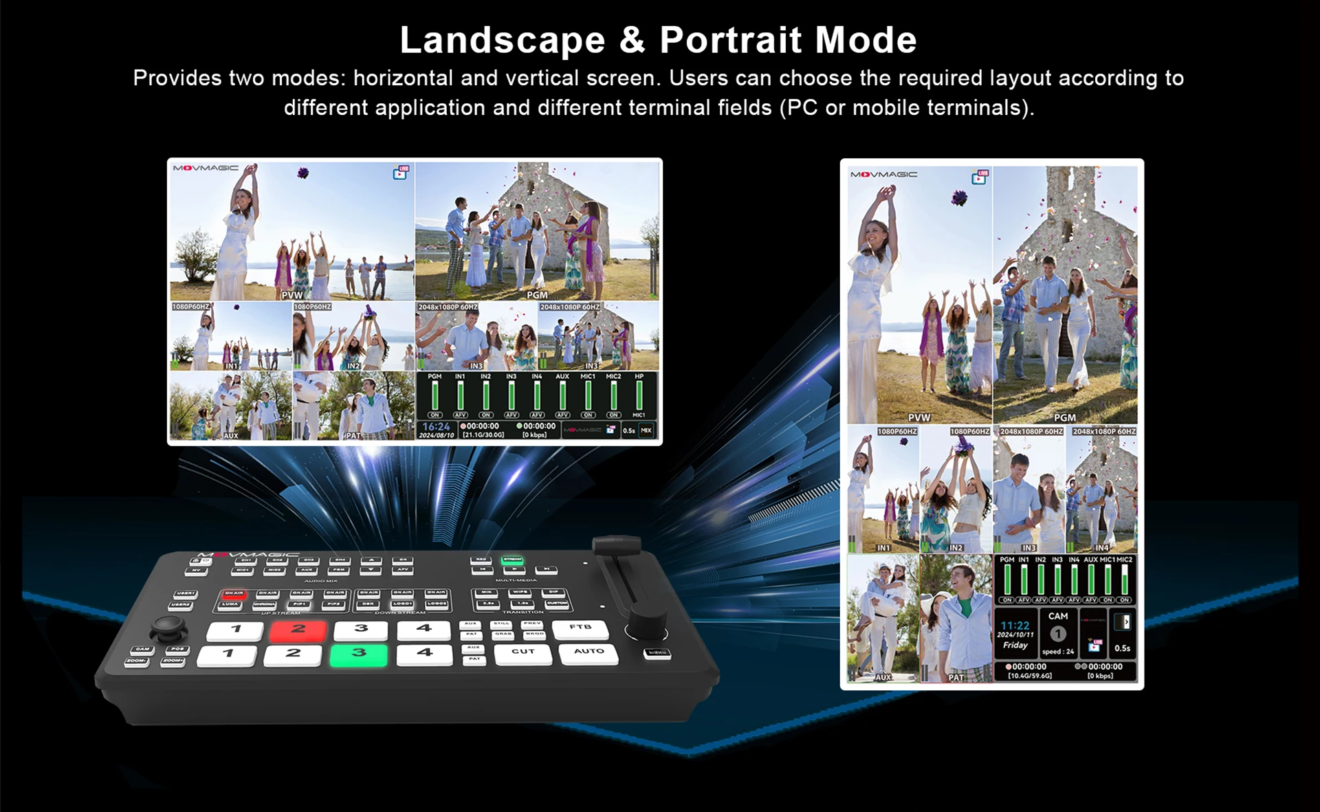 محول الإنتاج المباشر LCD مقاس 5.5 قنوات Movmagic مع وظيفة البث المباشر الاحترافية لـ YouTube Premium