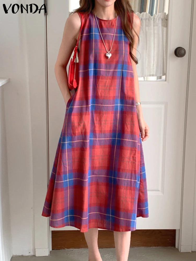 

VONDA Bohemian Plaid Dresses For Women Tank Sundress 2025 Summer Sleeveless Party Midi Vestidos Printing Casual Loose Long Robe