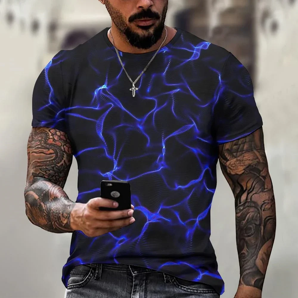 قمصان رجالية مطبوعة ثلاثية الأبعاد، قميص بأكمام قصيرة مطبوع عليه Lightning، نمط الشارع، مقاس كبير 5xl، رقبة دائرية، أزياء كاجوال، صيفي