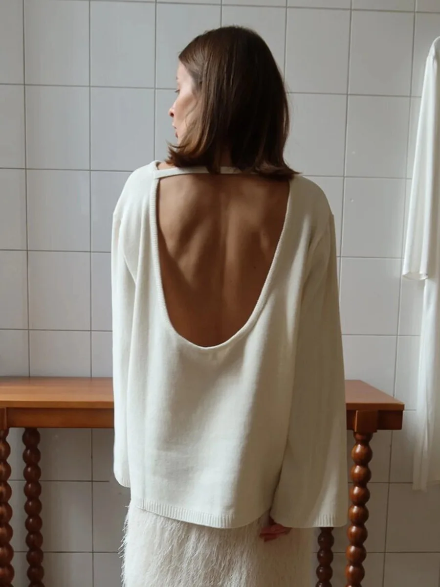 

2025 Original Backless O-neck Cotton Knit Sweater Autumn Winter Women Simple Loose Soft Warm Elastic Daily Office Casual Sweater