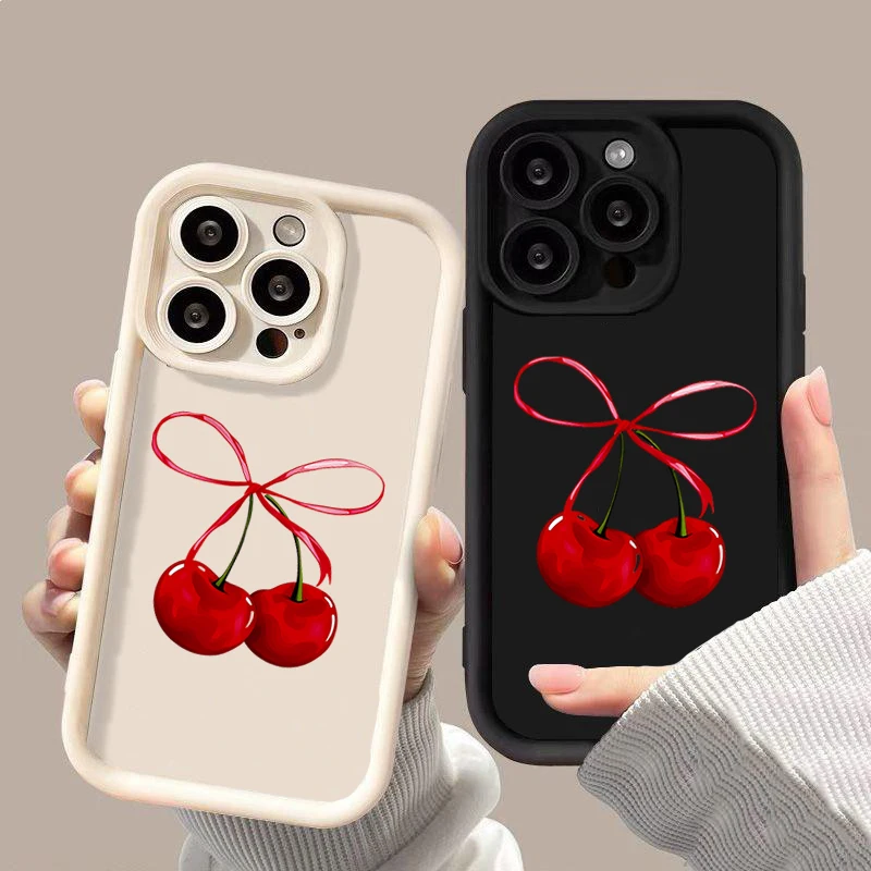 

Cute Red Cherry Bow Phone Case For iPhone 16 Pro 15 Plus 14 13 Pro Max 12 11 16E 17Air Soft Silicone Shockproof Protective Cover