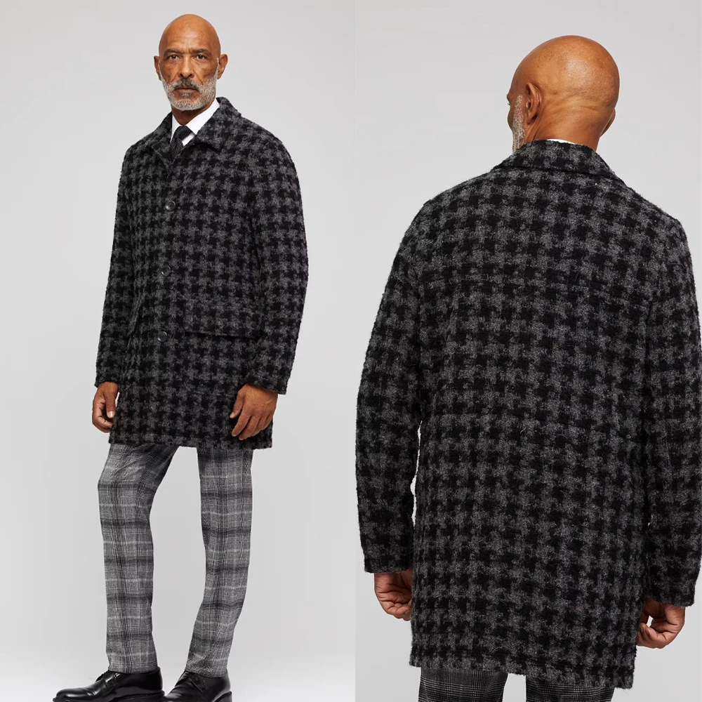 秋冬男性結婚式ジャケットカジュアルシングルブレスト千鳥格子プリントウールオーバーコートファッション新郎トレンチコートカスタマイズ