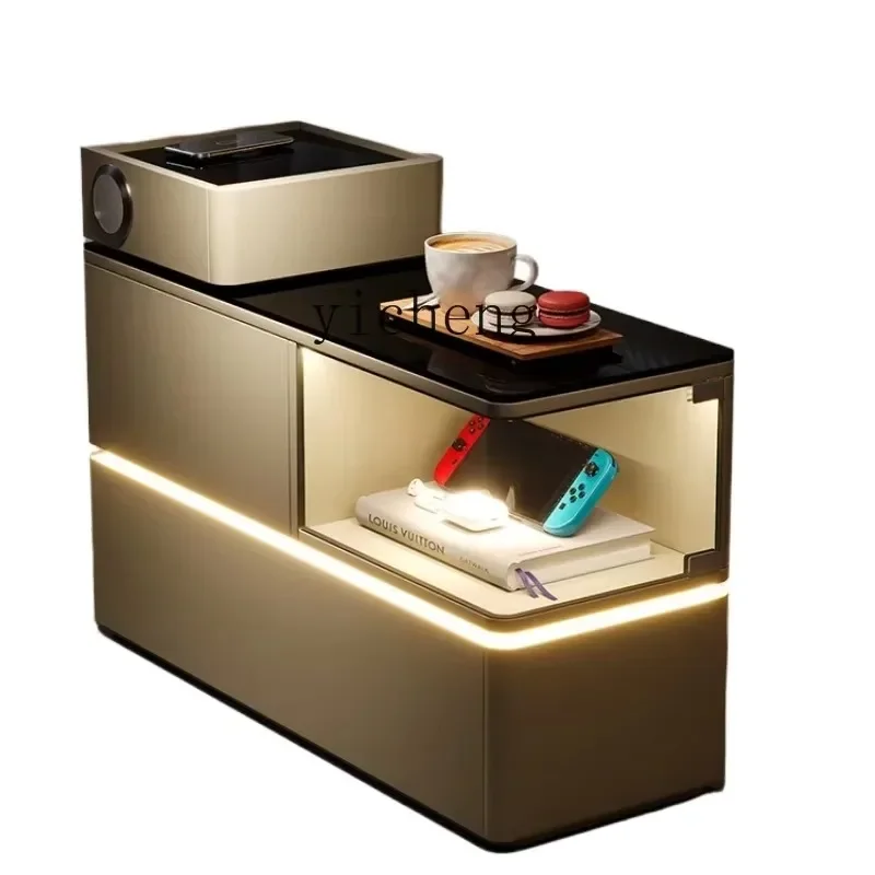 Sofa Side Living Room Solid Wood Coffee Table Side Cabinet Floor Lamp Integrated Movable Trolley