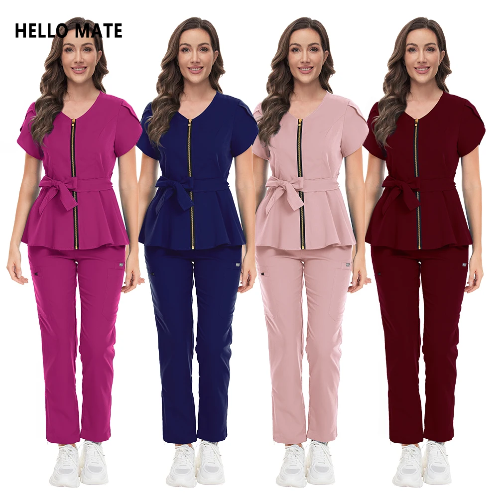 

Stylish Beautician Workwear Medical Nurse Uniforms V-neck Top Straight Pants With Pocket Surgical Scrub Set Dentist Nursing Suit