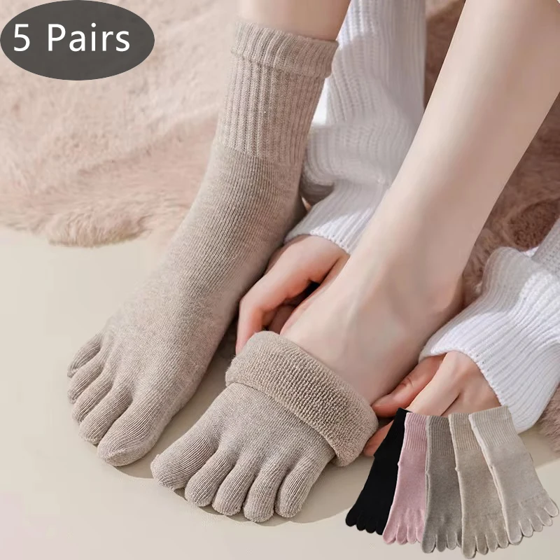 5 Pairs Winter Thick Toe Terry Socks Women Solid Cotton Sweat-Absorbing Soft Elastic Breathable Keep Warm Floor 5 Finger Socks