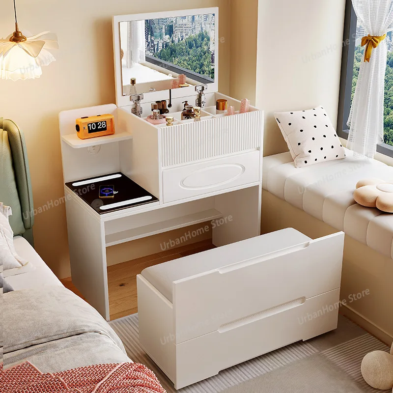 

Makeup Vanity Table with Lights and Flip Top Integrated Dresser Wireless Charging Storage Hidden Stool with Casters Vanitys Desk