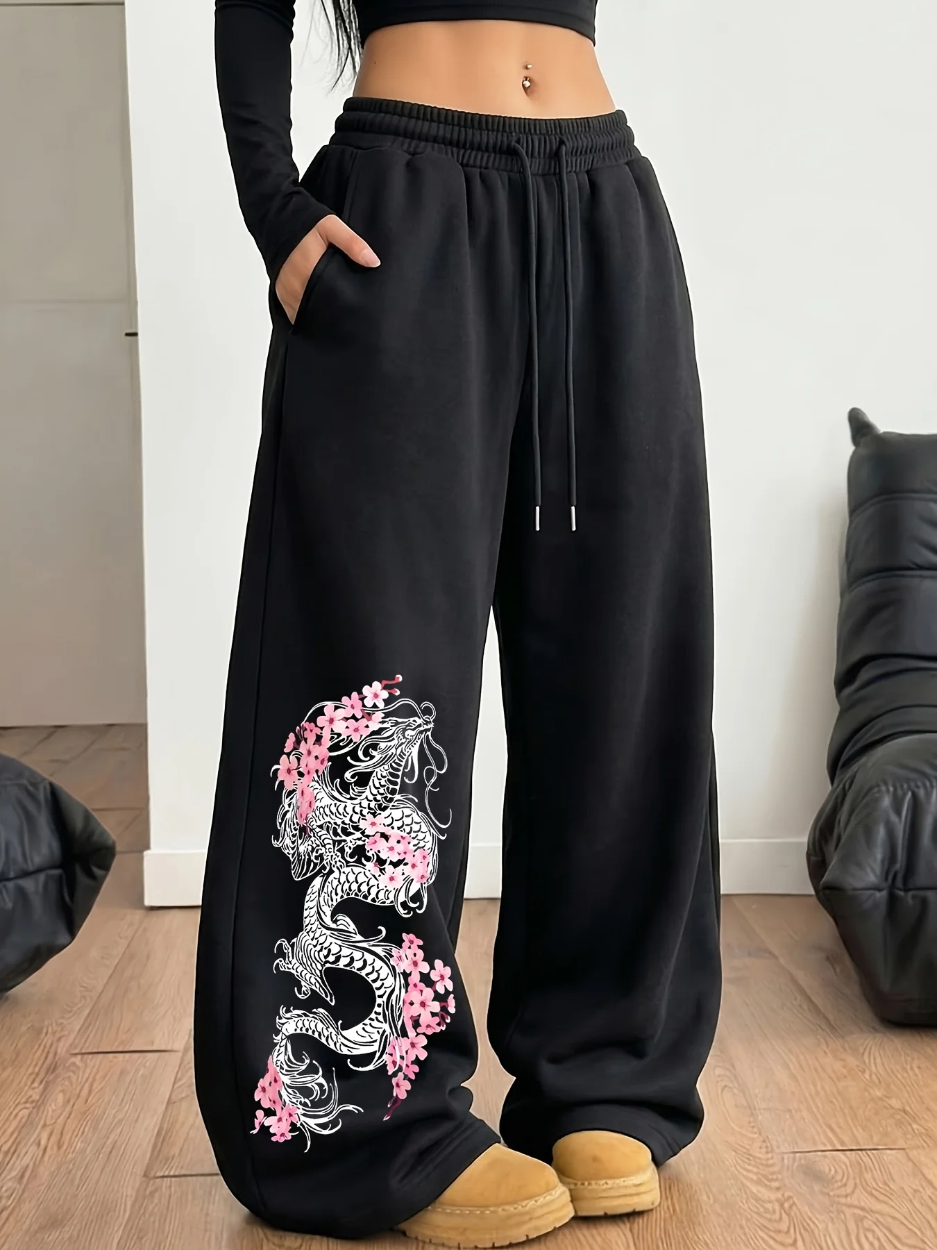 Y2K high street white dragon cherry blossom printed casual sports pants American casual trend women's straight leg pants