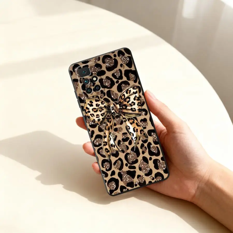 Funda con diseño de leopardo, letras, corazones y lazo para Xiaomi Redmi K60 9 8 A2 A3x 14C 13C 12C 15C 10 A7 A5 K40 Note 15